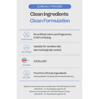 Clinically proven clean ingredients and formulation details for sensitivity and non-toxicity.