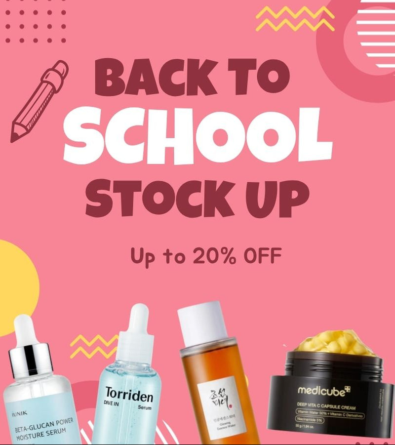 Promotional graphic for a back to school stock up, featuring skincare products including a blue bottle labeled Torriden, a black jar labeled medicube, and a white dropper bottle, set against a pink background with school-themed doodles and text offering up to 20% off.