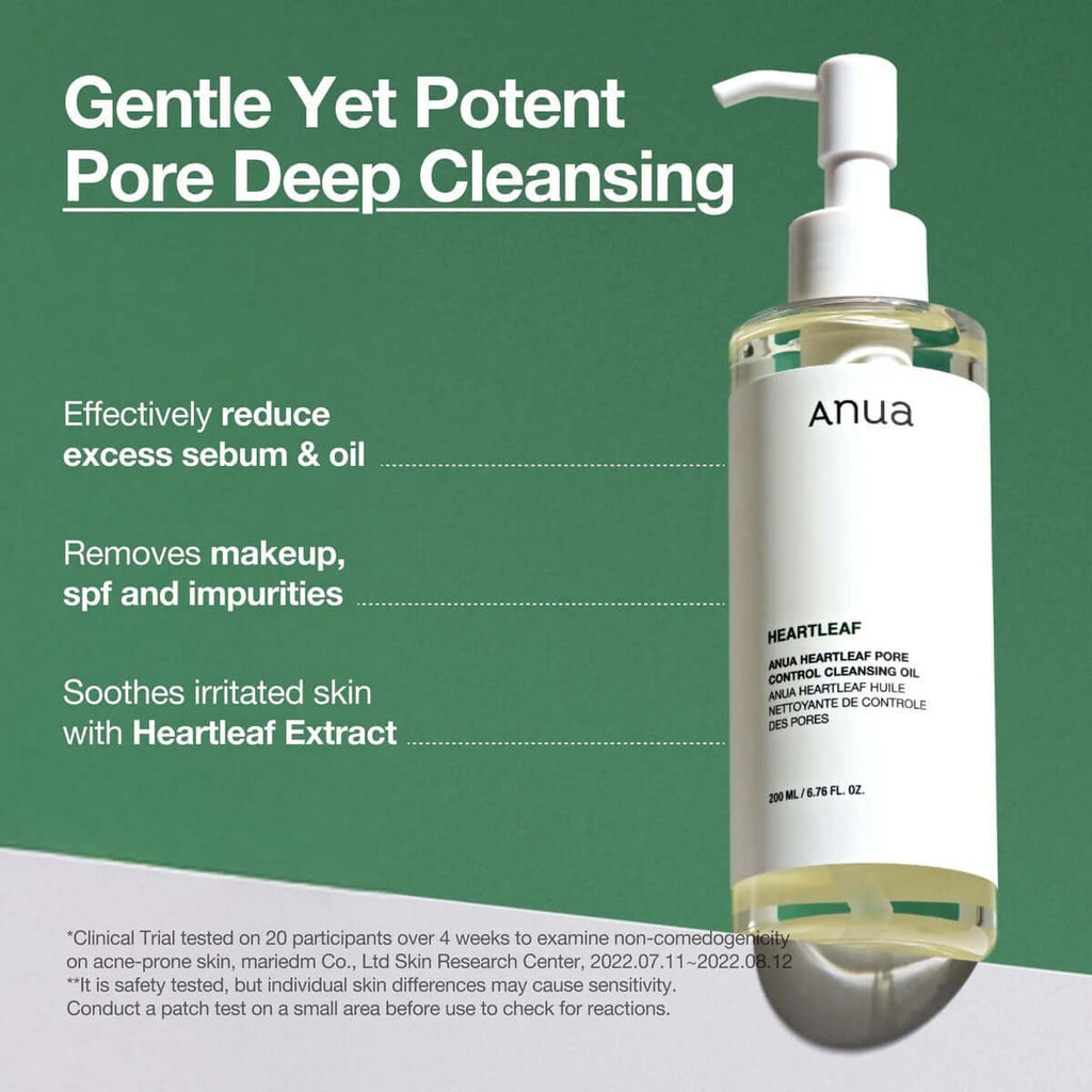 Anua Heartleaf Pore Control Cleansing Oil 200ml for deep cleansing, removing makeup and impurities, soothing with heartleaf extract.
