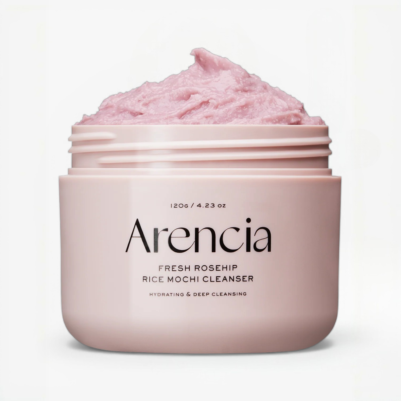 Pink jar of Arencia Fresh Royal Rosehip Cleanser with pink cream on a white background