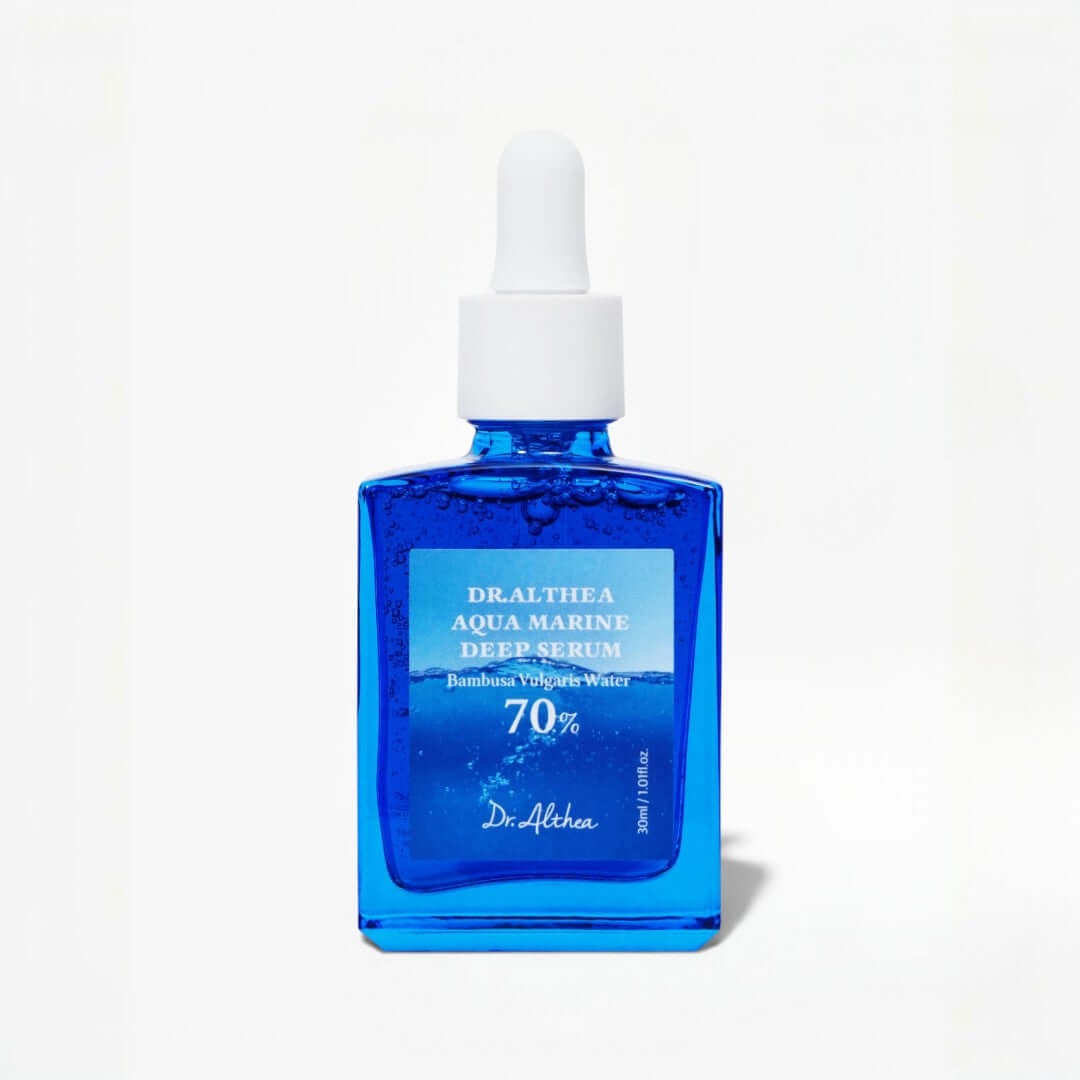 Dr. Althea Aqua Marine Deep Serum 30ml in a blue bottle with dropper, providing hydration for all skin types.