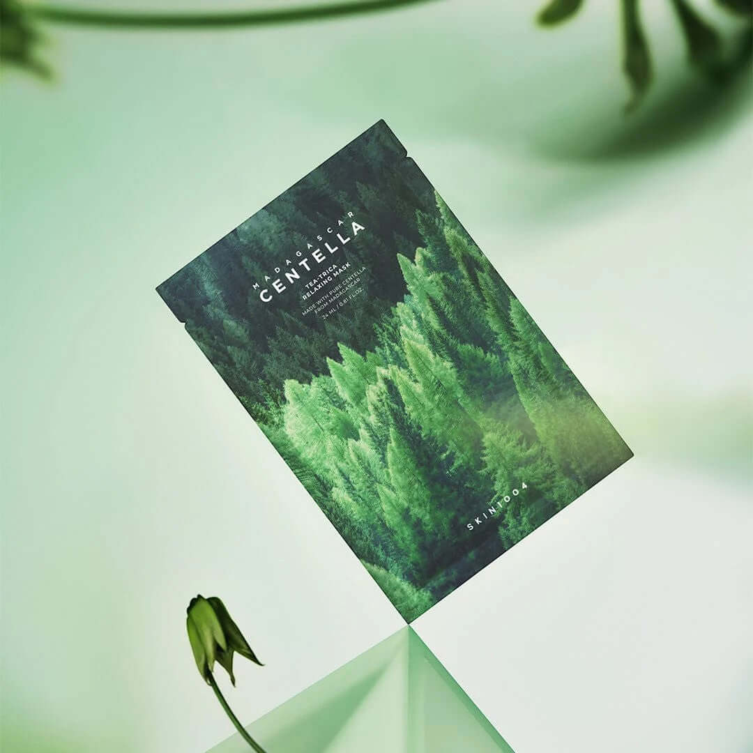 SKIN1004 Madagascar Centella Tea-Trica Relaxing Mask (4 Pack) packaging with green botanical design.