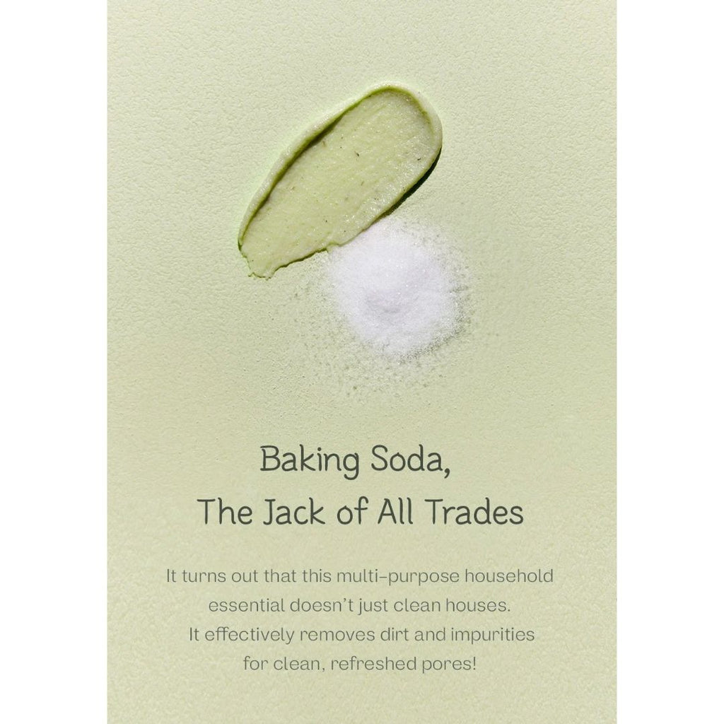 Baking soda illustration with text highlighting its versatile cleaning properties for refreshed skin and pores.