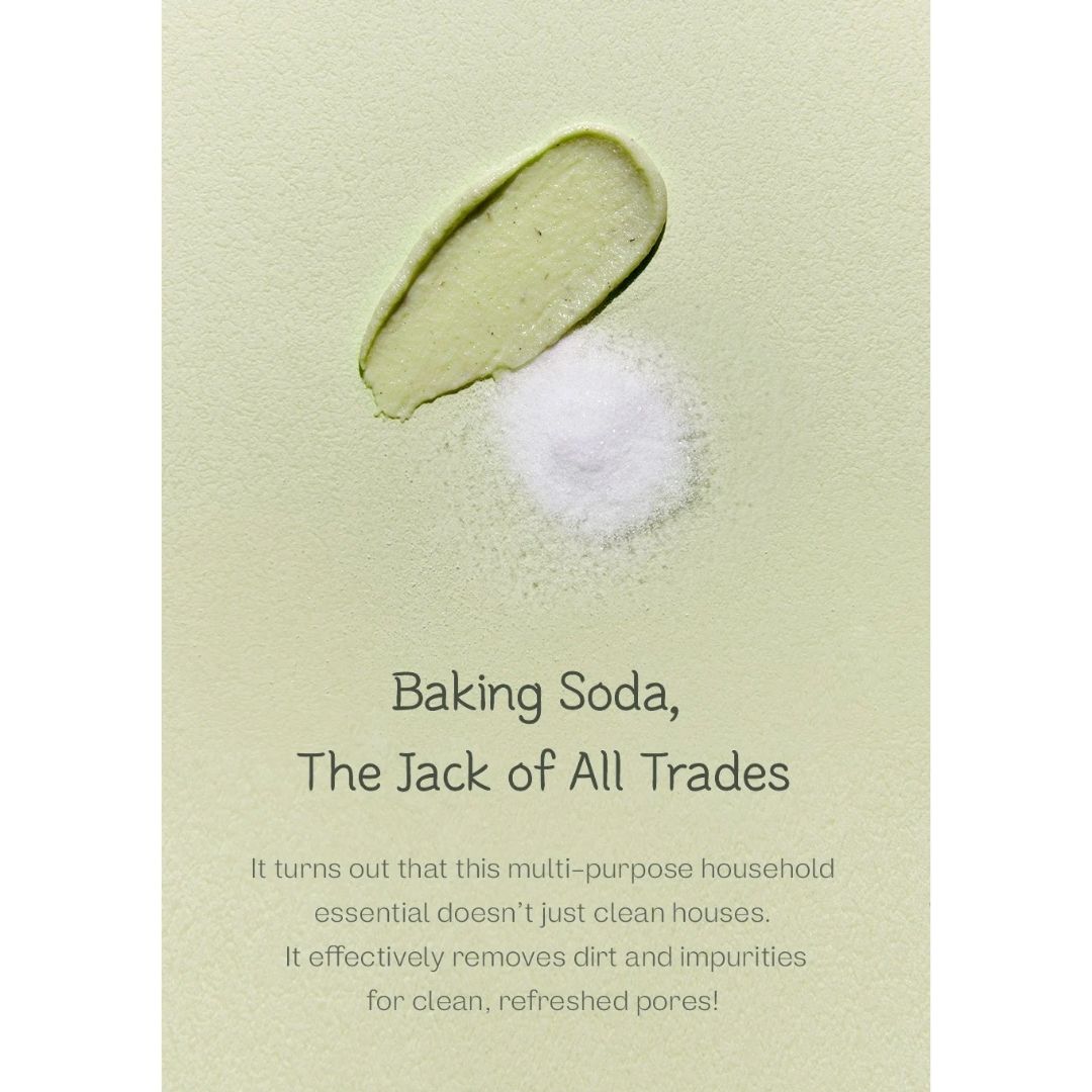 Baking soda illustration with text highlighting its versatile cleaning properties for refreshed skin and pores.