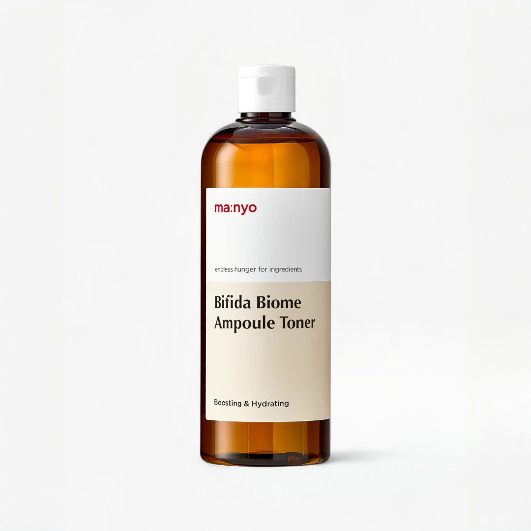 ma:nyo Bifida Biome Ampoule Toner 400ml bottle showcasing hydrating and strengthening formula.