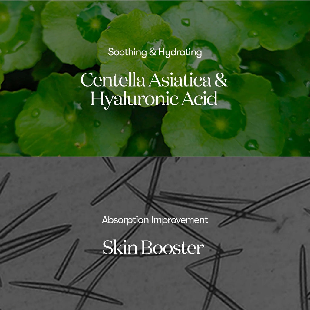Product advertisement with green leaves and text about Centella Asiatica, Hyaluronic Acid, and skin booster benefits. VT Cosmetics Reedle Shot 300 Essence 50ml