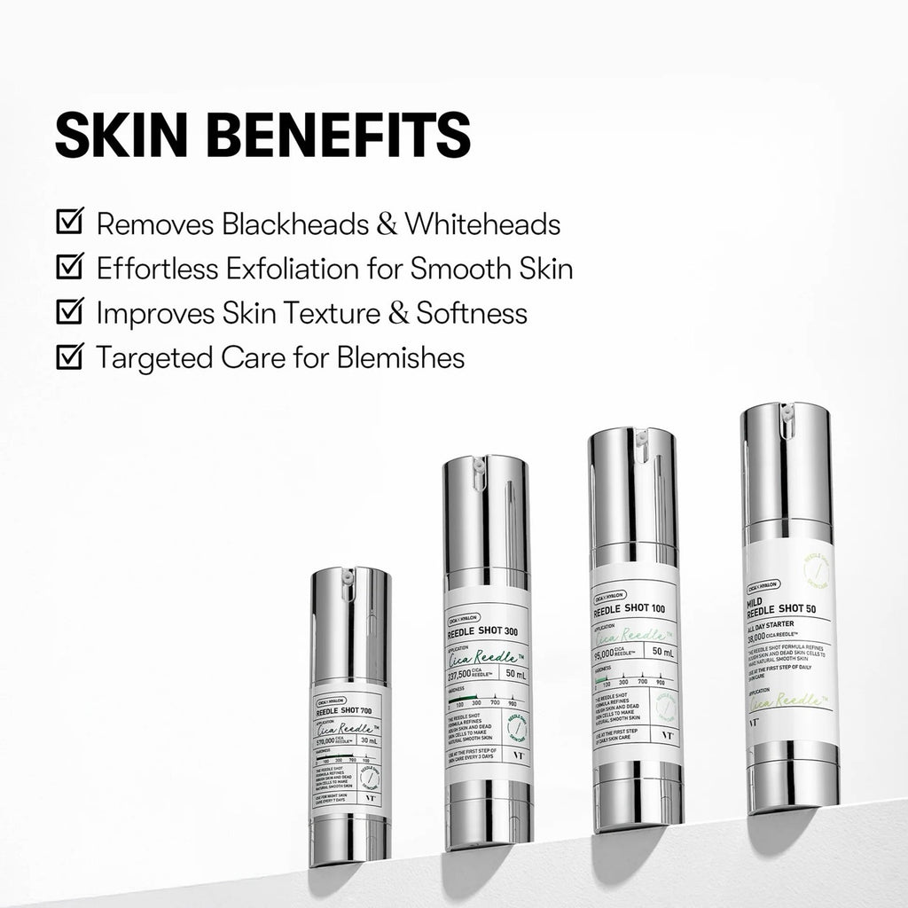 Skincare product bottles with text highlighting skin benefits on a white background