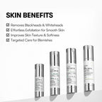 Skincare product bottles with text highlighting skin benefits on a white background