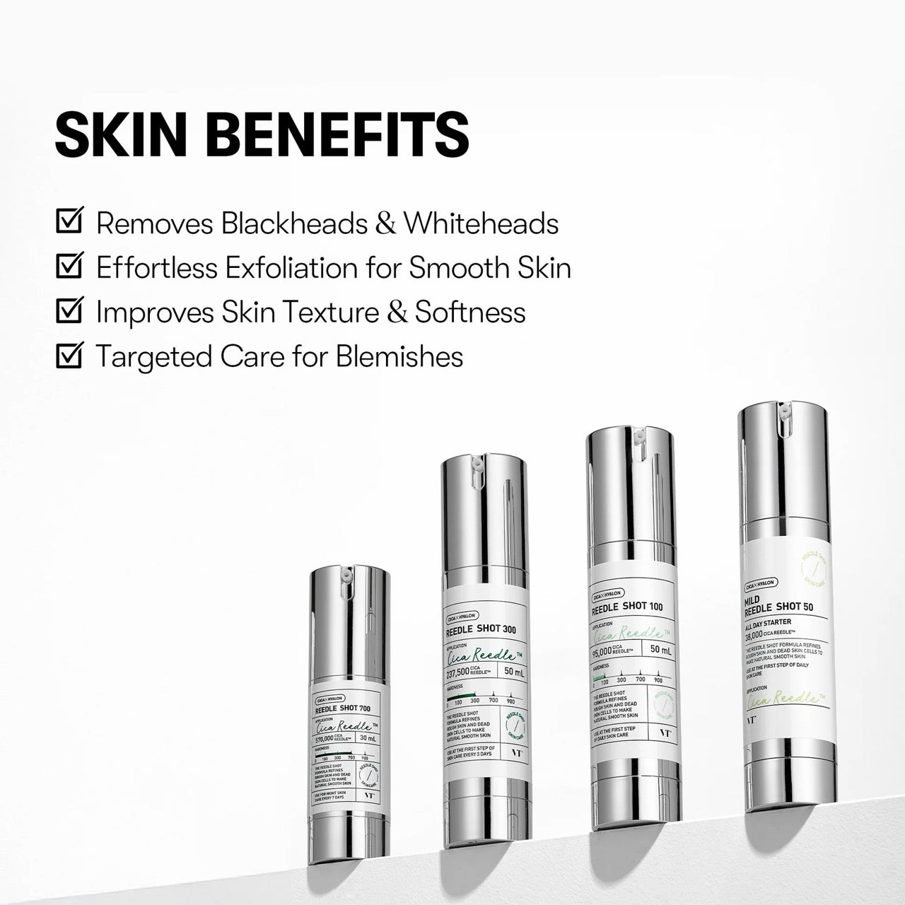 Skincare product bottles with text highlighting skin benefits on a white background