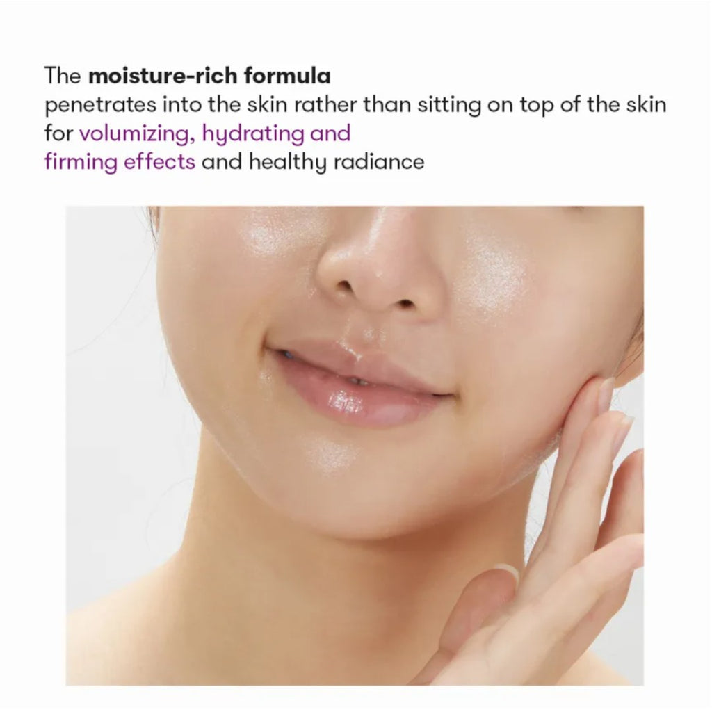 Close-up of a person's face with moisturized skin, text about moisture-rich formula.