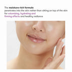 Close-up of a person's face with moisturized skin, text about moisture-rich formula.