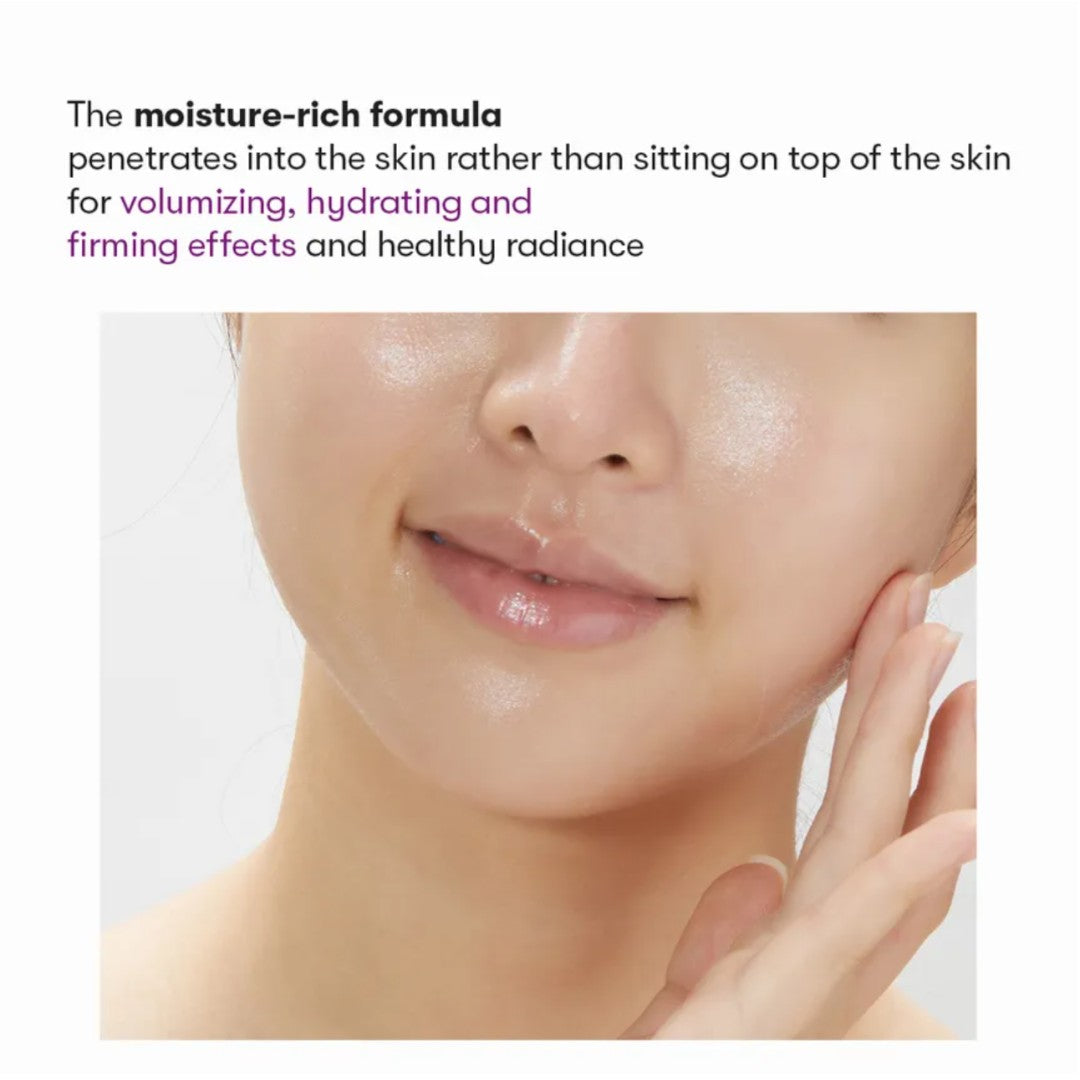 Close-up of a person's face with moisturized skin, text about moisture-rich formula.
