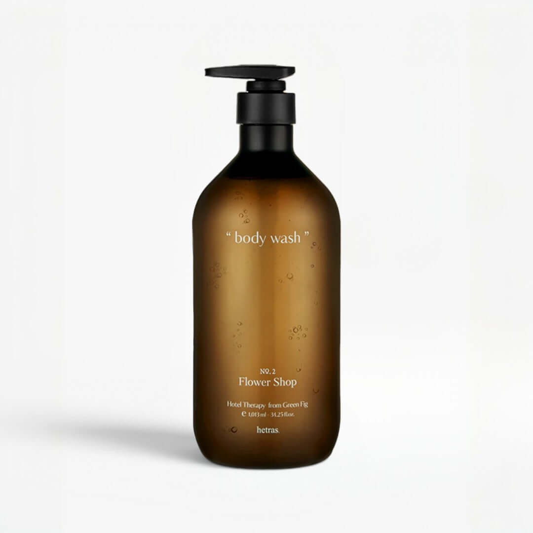 Brown bottle of body wash with pump on a white background