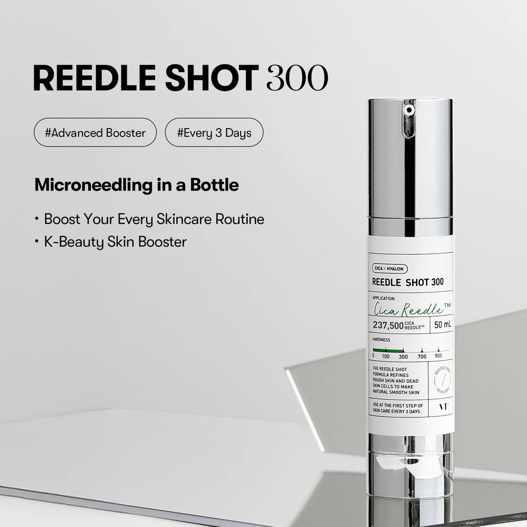 Skincare product 'REEDLE SHOT 300' on a reflective surface with text about its benefits.