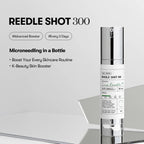 Skincare product 'REEDLE SHOT 300' on a reflective surface with text about its benefits.