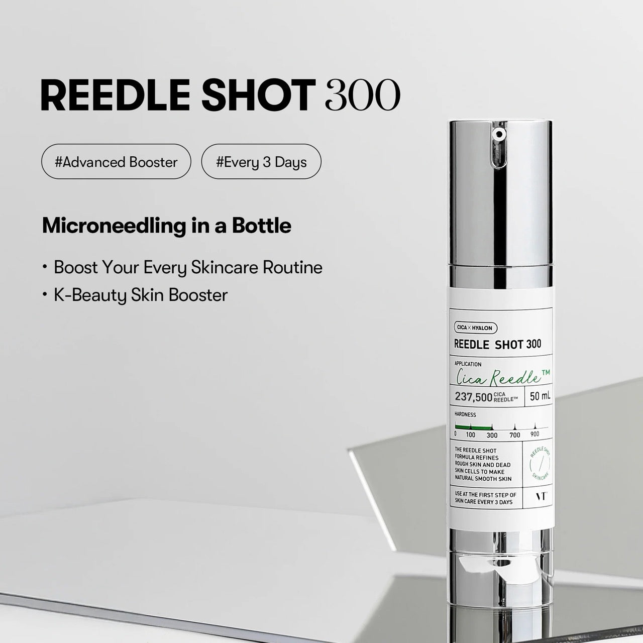 Skincare product 'REEDLE SHOT 300' on a reflective surface with text about its benefits.