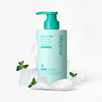 Lilyeve shampoo bottle with foamy texture and green leaves on a white background