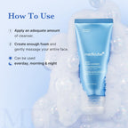 Medicube foam cleanser with usage instructions on a blue background
